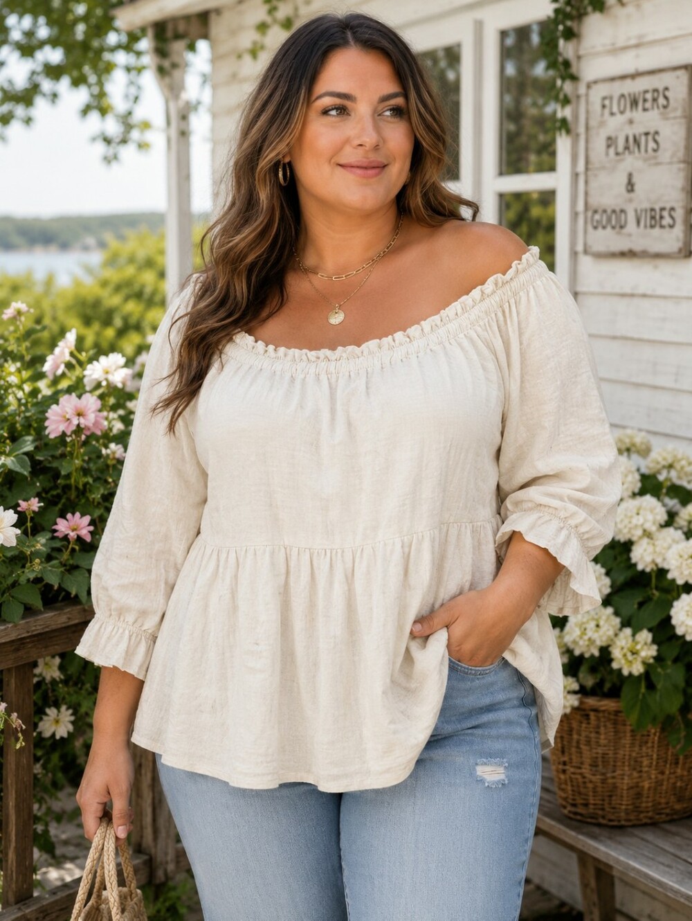 Lane Bryant Linen Cotton Peasant Blouse 26/28 Boho Cottagecore Cream Top